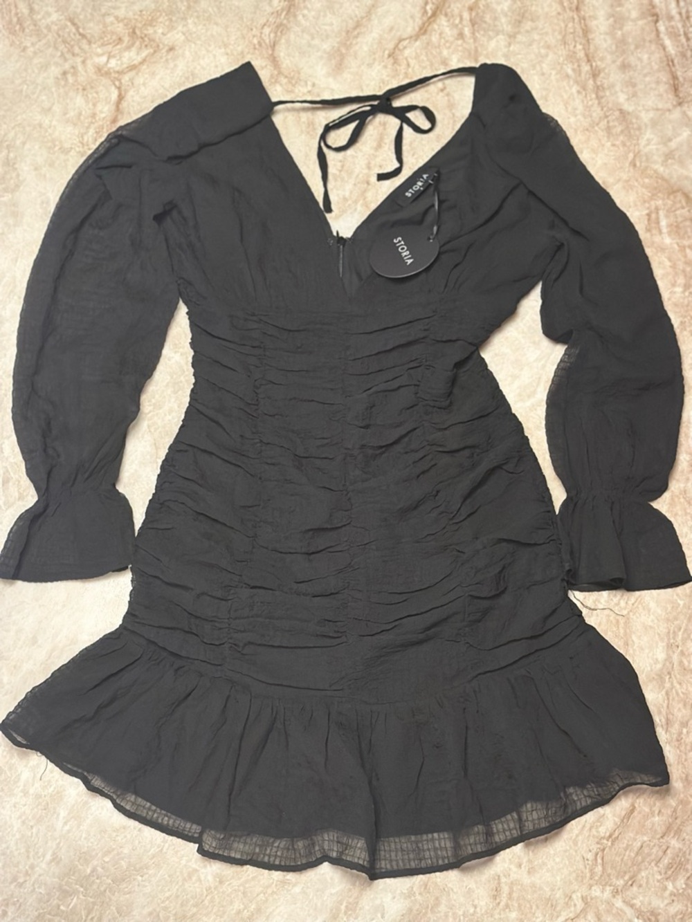 NWT | Storia Black Ruched Long Sleeve Mini Dress - Small